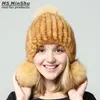 Echte nertsen hoed vrouwen winter bontmuts met 3 ballen Echte bont cap mode ladys bobble mutsen vos bont ballen ms.minshu