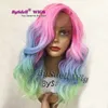 Ny ankomst Kort medium Längd Löst kroppsvåg spetsar Front Wig Colorful Mermaid Rainbow Hair Anime Cosplay Party Lace Front Wigs1608270