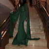New Arrival Dark Green Beaded Evening Dresses Sexy Cape Style Mermaid High Neck Long Sleeves Formal Pageant Prom Party Gowns Dubai Arabic