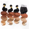 # 1b / 33/7 honing blonde ombre 4x4 kant sluiting met weefsels extensies drie tonen gekleurde maagdelijke Peruaanse body wave menselijke haarbundels