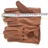 Men039s Otoño e Invierno Guantes de cuero genuino Nueva marca de moda Marrón Cálido Conducción Guantes sin forro Piel de cabra Mitte1194840