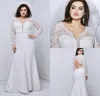 Plus Size Sukienki ślubne Mermaid V Neck Koronki Hollow Back Długie Rękawy Suknie Ślubne Sweep Pociąg Kraj Fat Kobiety Sukienka Rates De Mariée