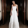 Mode vit piga av hedersklänningar sexiga fyrkantiga remmar ärmlös fotledslängd brudtärklänning elegant a-line satin prom klänning party klänningar
