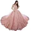 Modern Luxury Pink Quinceanera Dresses Ball Gown Sheer Neck Sweep Train Prom Dresses With Lace Applique Backless Sweet 16 Gowns HY4157