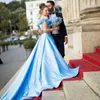 Stunning Arabic Dresses Evening Formal Gowns Floral Off Shoulder Neckline Lace-up Back Light Sky Blue Satin Ball Gown Prom Dresses 2018