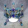 Vintage mariage mariée baroque bleu strass cristal couronne diadème bandeau boucle d'oreille bijoux ensemble luxe casque princesse cheveux accessoires