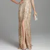 Kvinnors landningsbanor Sexig V Neck ärmlöst Elegant Party Prom Brodery Sequined Luxury Split Fashion Long Designer Dresses