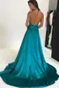 Cheap Sexy 2018 Cocktail Dresses Plunging V Halter Neck Backless Zipper Party Dress Attractive Side Split Satin Sweep Train 2018 Prom Dress