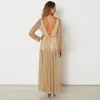 Lady Evening Party Long Dress With Rhinestone Gold Maxi Dress Long Sleeves Mesh Sexy Deep V-neck Clothing