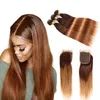 브라질 버진 스트레이트 헤어 위브 Closure With Ombre 인간의 머리카락 묶음 마감 2 톤 컬러 4 / 30 # Blonde Human Hair