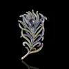 New Arrival Large Women Vintage Feather Bronze Brooch Pin Antique Gold Crystal Rhinestone Metal Jewelry Accessory