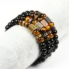 Mężczyźni Złota Bransoletka Hurtownie Micro Pave Black CZ Sześciokąt Zroszony Bransoletki z 8mm Natural Black Onyx Tiger Eye Kamienne koraliki