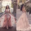 Robes de soirée rose blush arabe saoudien avec train détachable pure illusion corsage dentelle appliques tenue de soirée côté fendu longue robe de bal