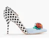 2018 Fashion Polka Dot Patchwork Women Sexy Pointy Toe Pumps Appliques Flowers Ladies Slip On High Heels Ankle Strap Party Stiletto