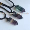 Polished Rainbow Fluorite Necklace Genuine Natural Gemstone Rock Crystal Hexagonal Pointed Reiki Chakra Stone Pendant Rope Necklace Jewelry