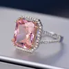 S925 Ringen voor vrouwen Sterling Silver Pink Big Square Topaz Diamant Fine Jewelry Bridal Wedding Engagement Ring Luxe Bijoux3395551