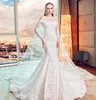 Novos vestidos de casamento palavra ombro manga comprida era fino rabo de peixe cauda longa renda halter cinta branco vestidos de jardim de inverno dh79