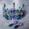 Vintage Bröllop Bridal Barock Blue Rhinestone Crystal Crown Tiara Headband Earring Smycken Set Luxury Headpiece Princess Hårtillbehör