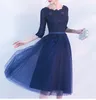 Élégant bleu marine foncé mère de la robe de mariée fermeture éclair dos trois quarts manches doux Tulle thé longueur mère des robes de mariée