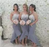 2017 Yeni Hi-Lo Gelinlik Modelleri Düğün Spagetti Kayışı Için Beyaz Dantel Mermaid Parti Elbiseler Fermuar Geri Ülke Hizmetçi Onur Elbiseler