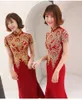 Elegante y mejorado cuello alto bordado Qipao rojo borgoña té de longitud sirena vestidos de noche vestido tradicional chino vestido de fiesta D23