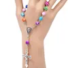 Religieuze Cross Rozenkrans Strand Armband 8MM Kleurrijke Acryl Kralen Katholieke Rozenkrans Armband Vrouwen Jezus Kruisbeeld Armband