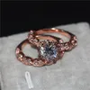 Mulheres do vintage Rodada corte 3ct Diamonique CZ Anéis de ouro Rosa Preenchido 925 anel de Banda De casamento De Prata esterlina conjunto para as mulheres