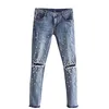 Nieuw hete mode -gat Dames gescheurde jeans knie gesneden mager fit rekbare dames denim Pearl