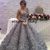 Zilver Grijze Puffy Rok Prinses Prom Formele Party Jurken 2019 Modest Sweetheart Dubai Arabische 3D Bloemen Kant Avond Gelegenheidstoga