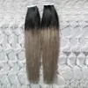 Extensions de cheveux Remy à bande adhésive, paquet de 40 pièces, trame de peau adhésive, T1B, gris argenté, 100 grammes, cheveux naturels gris ombrés