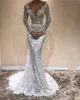 Gorgeous Pearls Applique Wedding Dress Sexy V-Neck Long Sleeves Beads Lace Mermaid Wedding Dress Stylish Plus Size Dubai Vestido De Novia