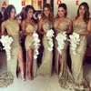 Sparkly Bling Gold Sequined Mermaid Bridesmaid Dresses One Shoulder Backless Slit Plus Size Maid Of The Honor Gowns Wedding Party