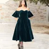 2019 Kadife Arapça Uzun Gelinlik Modelleri Çay Boyu Şair Kollu Çay boyu Kapalı Omuz A Hattı Örgün Abiye Parti Giyim Vestidos