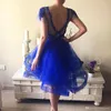 Royal Blue Sheer Neck Short Cocktail Dresses Scoop Neck Short Sleeves Beaded Crystals Party Gowns Homecoming Party Graduation Dress