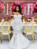 2022 Modest Plus Size Bröllopsklänning Mermaid Off Shoulder Sweetheart Neck Trumpet Bridal Gown Sweep Train Tulle Lace Applique Bröllopsklänningar