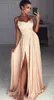 Sexy Champagne Lace Chiffon Split vestidos de baile Sexy Front Slit correas espaguetis vestido de noche largo partido por encargo