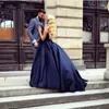 Abito da sera lungo blu navy semplice abito da ballo sweetheart lunghi abiti da festa in raso 2019 abiti da ballo formale senza maniche