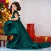 Dark Hunter Green High Low Robes De Fille De Fleur Pour Le Mariage Satin Et Organza Filles Pageant Robes Grand Arc Balayage Train Robe De Fille De Fleur