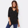 Nova Moda Mulheres Roupas Chic Preto Lady Pearl Beading V Cut Gargantilha Solta Casual Longa Camisa Camisa Blusa Tops