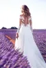 Summer Beach Wedding Dresses Illusion Bodices Sheer Neck Long Sleeves A Line Chiffon Side Split Bridal Gowns