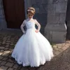 Stylish White Ball Gown Flower Girls Dress for Wedding Party High Neck Full Sleeve Appliques Kid Holy Communion Gown Tulle Baptism213J