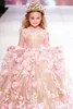 Gold Girls Pageant Dresses Sequined Ball Gown Long Sleeves Toddler Flower Girl Dress Floor Length 3D Appliques First Communion Gowns