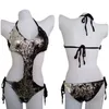 Women Sexy Bikini with Sequins One-piece Swimsuit Halter Retro Lack Silver Sequins Bling Swimsuit Bathing Thong Swimwear