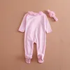 Pasgeboren baby meisje kleding boog bloemen romper baby kleding jumpsuit met hoofdband 2 stks schattige baby meisjes romper katoen lente herfst kleding