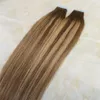 Real Human Hair Full Head Tape in Extensions Omber Balayage Color#4 Brown fading to #27 Honey Blonde Mixed #4 Invisible Skin Weft 100g