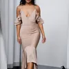 Günstige sexy Mode-Partykleider, tiefer V-Ausschnitt, kurze Ärmel, Reißverschluss, Ballkleider, stilvolles High-Low-Satin-Cocktailkleid, Meerjungfrau-Abendkleider