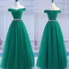 2019 robes de bal modestes longue robe de soirée tulle vert sur l'épaule cristaux à lacets corest dos étage longueur robes de soirée robe de soirée