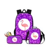 Borse da scuola Astuccio per matite Scatola da pranzo per bambini 3 pezzi Set per scuola Design personalizzato Zaino fenicottero per bambini primari Bookbag Zaino da donna