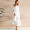 Vestidos de fiesta elegante encaje blanco túnica verano Maxi vestido mujer Slash cuello sin tirantes manga larga playa Boho Vintage Vestidos