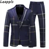 Leappls (Jas + Vest + Broek) 2018 Hoge Kwaliteit Mannen Suits Mode Grid Stripe Mens Slim Fit Business Wedding Pak Men Wedding Pak